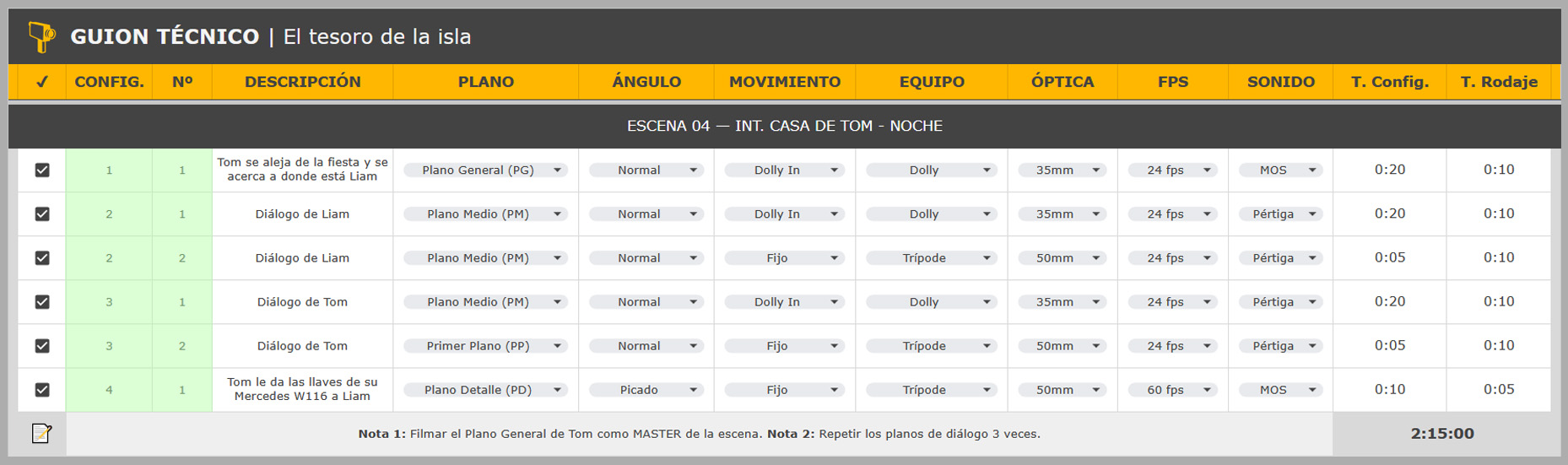 Guion técnico ejemplo - Configuraciones